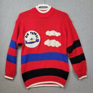 Vintage‎ JJ Fargo Sweater Womens Large Red Air Patrol Clouds Plane Striped Red
